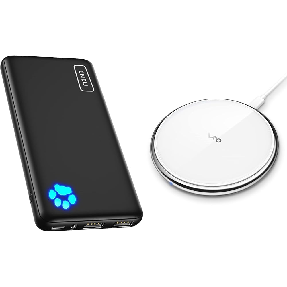 INIU Portable Charger & Fast Wireless Charger,Vebach Wireless Charging pad Compatible with iPh 15/14/13/12 Pro Max/12/13/12 Mini/SE/11/11 Pro/XS,Galaxy S20 S10 S9 S8, Note 10 Note 9 etc, Black