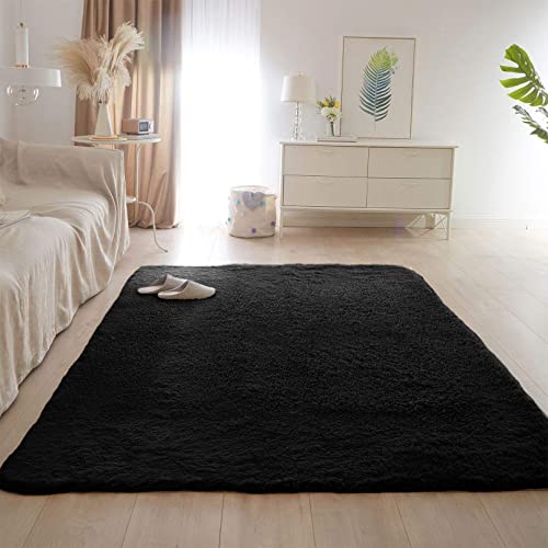 CHBIN Moelleux 140x160cm Tapis Salon Tapis Fourrure synthétique Soft Tapis Ne Pas enlever Les Cheveux pour d'enfants Canapé Plancher Traditionnel, Noir