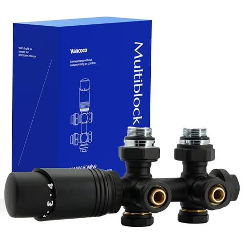 VANCOCO Noir Kit Multibloc Universel Pour Radiateur, Raccordement Central avec 50mm, Vannes Thermostatiques Pour Radiateur et Chauffage
