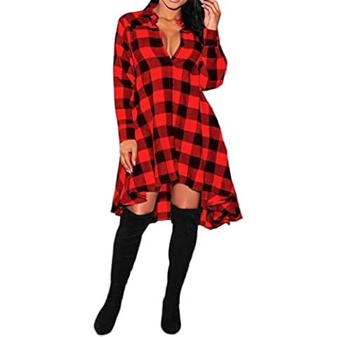 YMING Women's Basic Plaid Dress Casual Asymmetrical Hem Dress with Pockets Blk Red M Cover