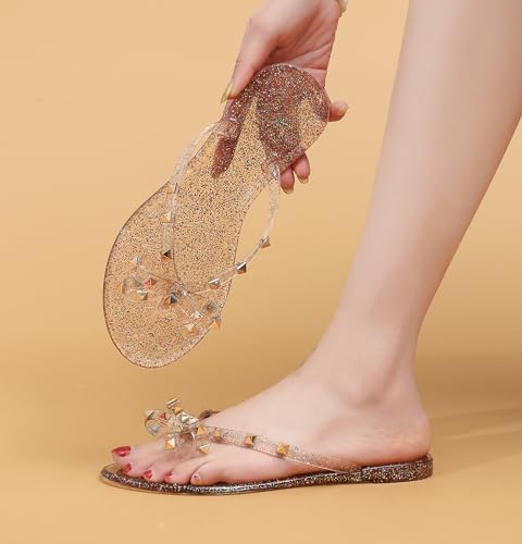 Image of Studded Jelly Shoes for Womens Bow Flip Flops Jellies Sandals Flat Black Summer Beach Thong with Rivets Strappy Slides Slip On