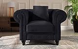 Classic Scroll Arm Large Velvet Living Room Chesterfield Accent Chair (Black)
