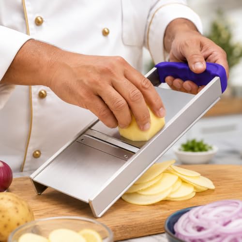 Image of Stainless Steel Vegetable Slicer with Handle | Heavy-Duty Manual Slicer for Potato, Onion, Chips & Salad Cutting | Durable Kitchen Mandoline Slicer with Sharp Blades