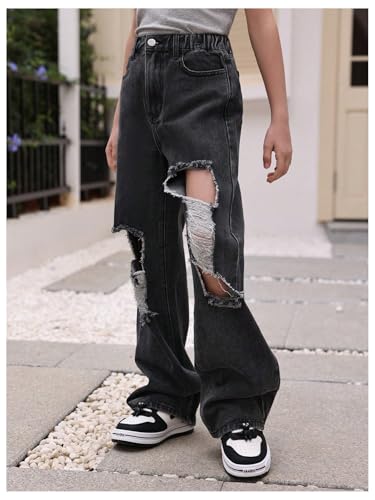 Verdusa Girl's Casual Distressed Ripped Elastic Waist Wide Leg Denim Pants Jeans3