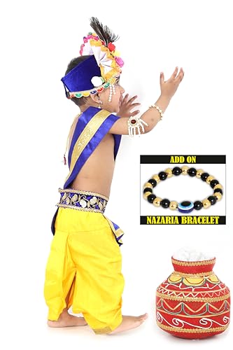 Image of Krishna Dress for Kids, Baby Krishna Dress for Janmashtami with Krishna Mukut, Peacock Feather & Flute Embroidered Krishna Costume for Girl & Boy, 3 Months-8 Years