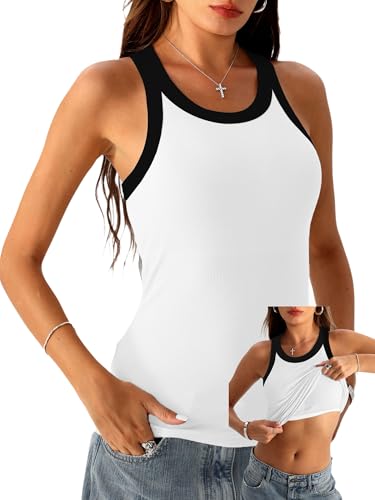 Danysu Débardeur à dos nageur avec soutien-gorge intégré pour femme - Col haut côtelé, Bloc blanc, Taille M