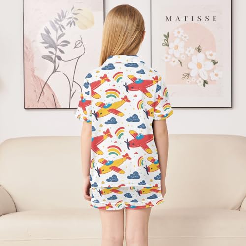 ALAZA Yellow Red Airplane Cartoon Pajamas Satin Pajama Set Short Sleeve Button Down Sleepwear4