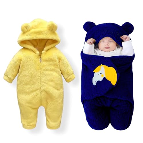 Image of BABYZONE Baby Bear Hooded Fleece Romper and Swaddle Wrap Set, Plush Teddy Design, Brown (2, Yellow&Navy, Baby)