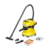 Karcher WD 4 P V-20/5/22 Nass-& Trockensauger, Kunststoffbehälter, Gelb 5 m Kabel, 2,2 m Saugschlauch, mit Gerätesteckdose, Clips-Bodendüse, „Pull & Push“-Verschlusssystem, Gelb