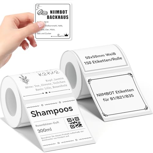 NIIMBOT Etiketten Selbstklebender Etikettenband für B1 / B21 / B3S Etikettendrucker, 50 x 50mm 150 Etiketten/Rolle, Weiß