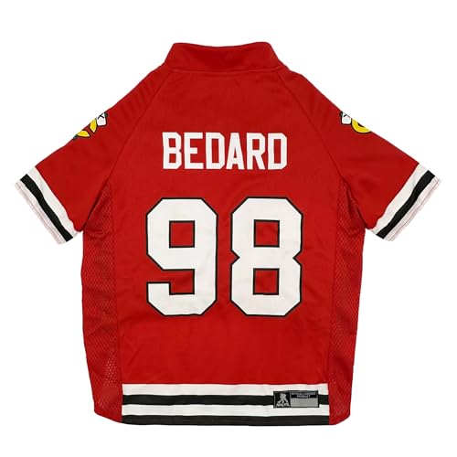 Pets First NHLPA Connor Bedard Mesh Dog & Cat Jersey - Chicago Blackhawks Bedard-98, Medium, Licensed Hockey Jersey