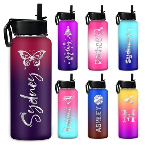 Custom Water Bottle for Kid Boy Girl, Personalized Sports Water Bottle with Name Customized Insulated Stainless Steel Vacuum Cup Bottle with Straw Lid, Christmas School Gift for Women Men 18oz/32oz