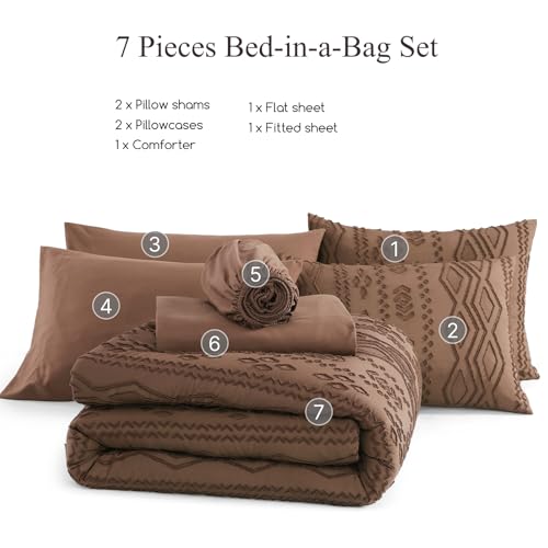 Image of AMBERSPACE King Size Comforter Set Brown, Tufted Farmhouse Bedding Boho Bed Set, All Season 7 Pieces Bed in a Bag with Sheets, Pillowcases & Shams