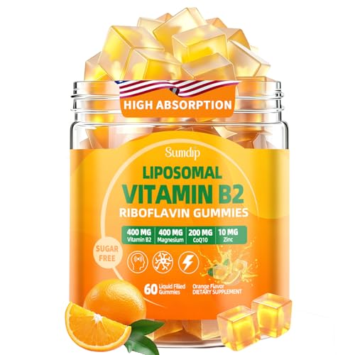 Vitamin B2 Gummies Liposomal Riboflavin 400mg Supplement for Kids & Adults - High Potency with Magnesium CoQ10 Zinc for Energy & Head - Sugar Free Vegan Orange Flavor 60 Gummies (30-Day Supply)