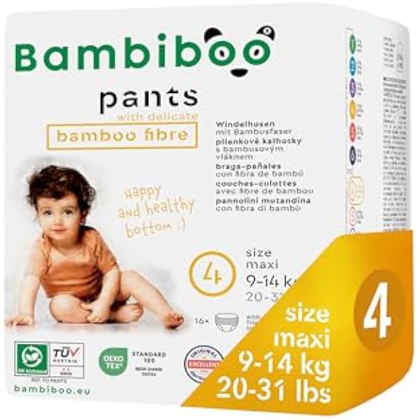 Bambiboo Jednorazowe pieluchy bambusowe - Pieluchy dla dzieci Przyjaciele skóry - Ochrona skóry - Wysoka chłonność - Rozmiar 4 (maks.), 16 sztuk