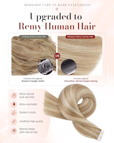 Image of Moresoo Blonde Skin Weft Tape Extensions Human Hair, 12 Inch, 40Pcs, 60g | Invisible Tape ins, Remy Straight Human Hair, Seamless Skin Weft, Short Hair Extensions, Fine Hair, Volume Boost, Style