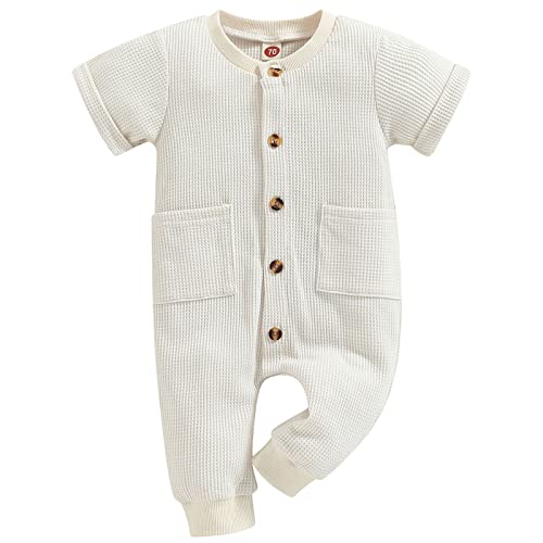 Image of Mubineo Infant Baby Boy Girl Summer Fall Basic Plain Button Short Sleeve Romper Jumpsuit Clothes