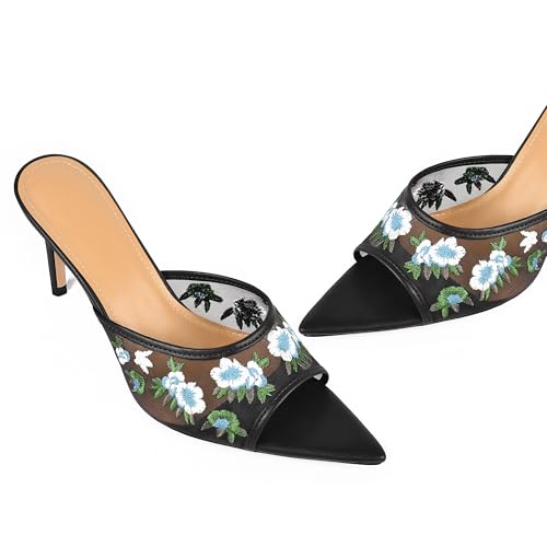 JANSEVEN Women Mesh Heeled Sandals Floral Mules Stiletto High Heels with Embroidered Flowered Open Pointed Toe Slip On Comfortable Fashion Dress Shoes4