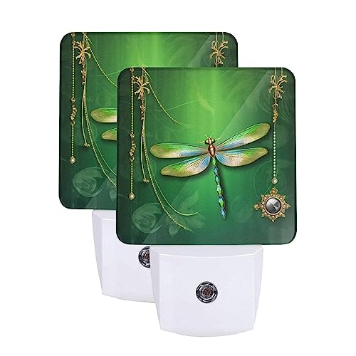 Image of Green Dragonfly Night Light Set of 2, Auto Sensor LED Dusk-to-Dawn Nightlights, Plug-in Sensor Lamp for Bedroom Bathroom Kitchen Hallway Stairs Decorative