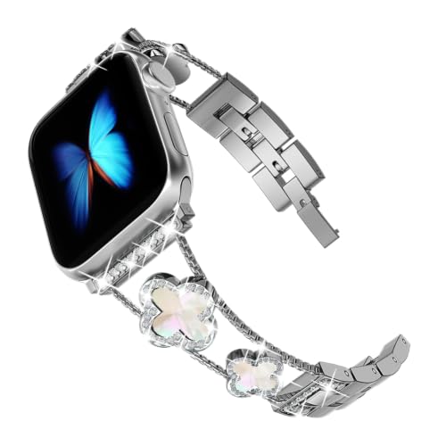 Image of Musk-MSKR Diamond Metal Bands Add Sparkle to Your Watch For Apple Watch Series 11 /10 /9 /8 /7 /6 /5 /4 /3 /2 /SE /Ultra Clover Simple and Stylish Compatible with 38mm40mm41mm42mm44mm45mm 46mm49mm Women's Wear