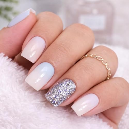 Image of Pastel Blue & Pink Ombre Press On Nails with Black Glitter Tips | Glossy Square Shape Fake Nails | Reusable Stick On Nails for Women (24 Pcs Nail Kit)