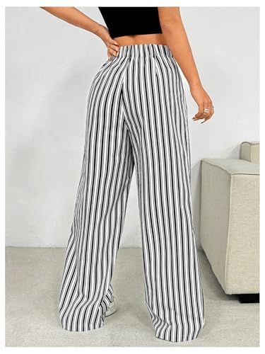MakeMeChic Women's Striped Pants Wide Leg Elastic Waist Long Trousers with Pockets2
