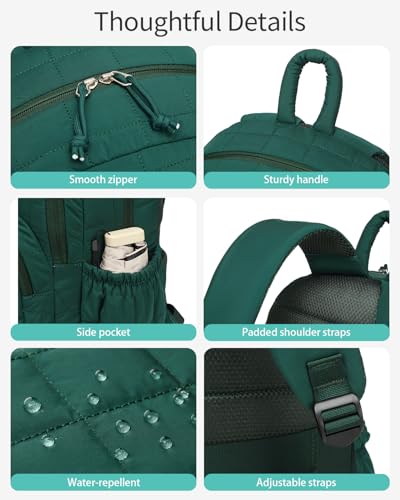 Image of Bookbag for Women, Teen Girls Backpack for High School College Student, Puffer Quilted Back Pack Cute Laptop Backpack for Work Travel Mom Casual Daypack, Dark Green