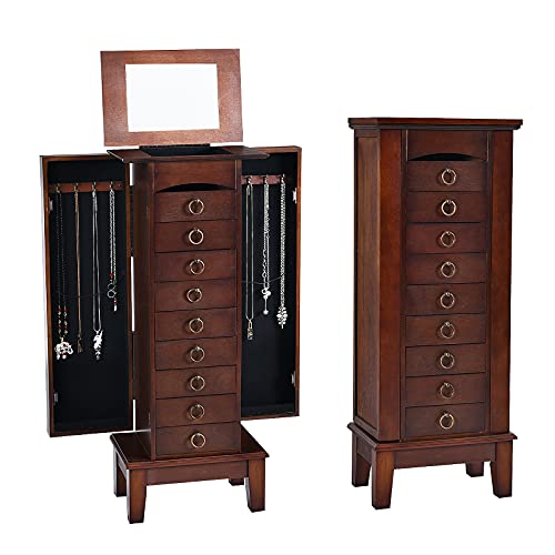 Giantex Jewelry Cabinet with Top Compartment, 9 Drawers & 2 Side Doors, Wooden Jewelry Armoire Storage Chest Stand with Flip Top Mirror, Necklace Hooks, Bedroom Armoire with Large Storage, Walnut