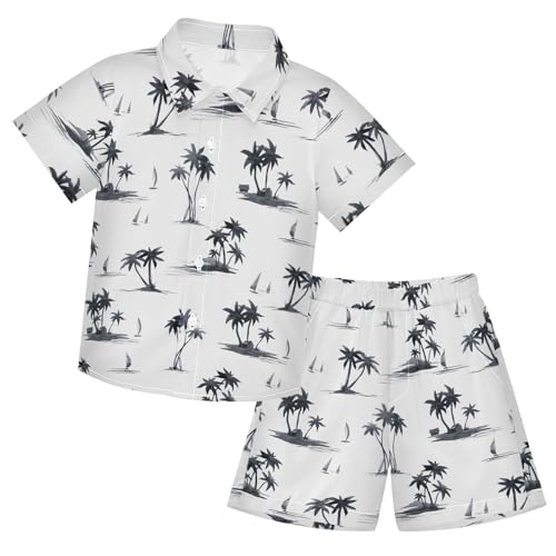 Image of Sunflower Floral Yellow Black Short Sleeve Hawaiian Button Down Shirts and Short Sets for Boys Toddler Summer Outfits