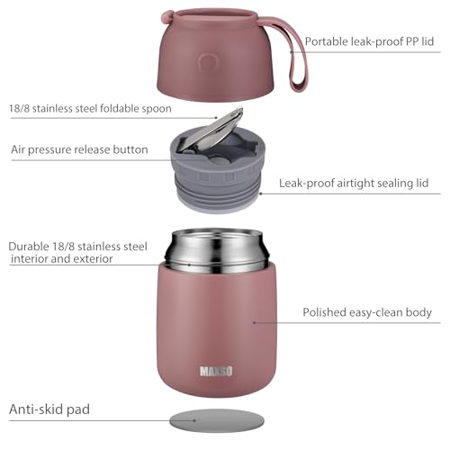 Image of Insulated Thermo Food Jar for Hot & Cold Food for Adult, 17 oz Soup Thermal Hot Food Containers for Lunch, Triple Layer Insulation Stainless Steel Food Jar with Spoon (New Pink2)