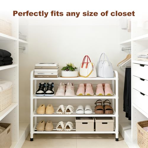 Image of KANAV 4-Tier Expandable Shoe Rack, Heavy Duty Adjustable Metal Shoe Organizer for Closet, Entryway & Mudroom, Freestanding, Tool-Free Assembly, White