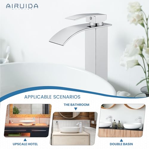 Airuida Tall Bathroom Vessel Faucet Chrome Polish Waterfall Bathroom Single Handle Single Hole Deck Mount Bowl Mixer Tap with Large Waterfall Spout Bar Sink Faucet Lavatory Vanity