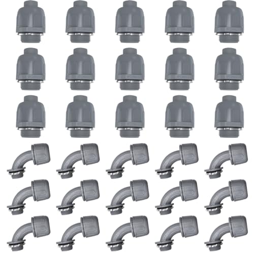 Voittozege 30 Pcs 1/2 Inch Liquid Tight Connector PVC Electrical Conduit Fittings Straight 180 and 90 Degree Flexible Conduit Connector for Home Bathroom Kitchen Pipe, Gray