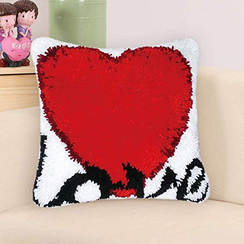 Knüpfset Knüpfkissen Selberknüpfen DIY Handarbeit Selbst Knüpfen Set Knüpfset Knüpfpackung Zum Selber Knüpfen Teppich Kissen Latch Hook Kit,Red Love,43x43cm/17x17inch Cover