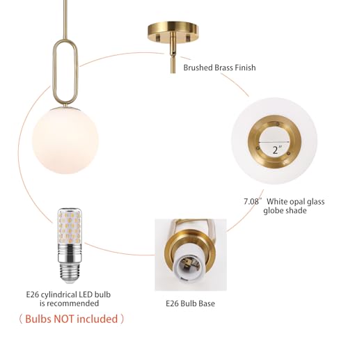 Modern Gold Globe Pendant Light White Globe Glass Shade 2 Pack Brushed Brass Finished Adjustable Rods Hanging Light Fixtures for Kitchen Island Living Room