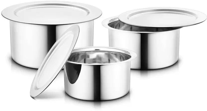 Image of Jensons Stainless Steel Tope Set with Lids | 3 Pieces | 800 ml to 1300 ml | Induction and Gas Stove Compatible Cooking Pots | Stackable Milk Pan Patila | Silver