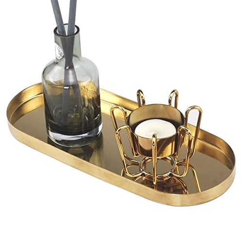 Freelove Mirror Gold Metal Decorative Tray, Towel Trays Perfume Makeup Organizer Jewelry Holder Organization For Vanity Dresser Coffee Table Counter Bathroom Kitchen Desk Home Decor, Oval 3.7''X9'' #TOP1