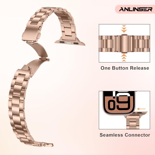 Image of Anlinser Bands Compatible with Apple Watch Band 42mm 41mm 40mm 38mm, Women Slim Stainless Steel Metal Strap for iWatch Series 10 9 8 7 6 5 4 3 2 1 SE (Rose Gold)