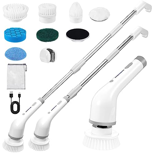 Electric Cleaning Brush Cordless Spin Scrubber Bathroom Scrubbing Brush Shower Rotating Scrubber Brush with 2 Speeds, 7 Replaceable Brush Heads, Adjustable Extension Arm for Tile Tub Kitchen Floor Car