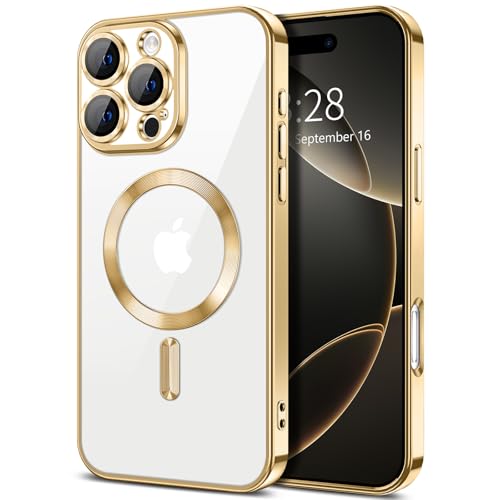 Hython Magnetic Clear for iPhone 16 Pro Max Case with Camera Lens Protector [Compatible with MagSafe] Plating Edge Slim Soft TPU Cover Protective Phone Case for iPhone 16 Pro Max 6.9 Gold