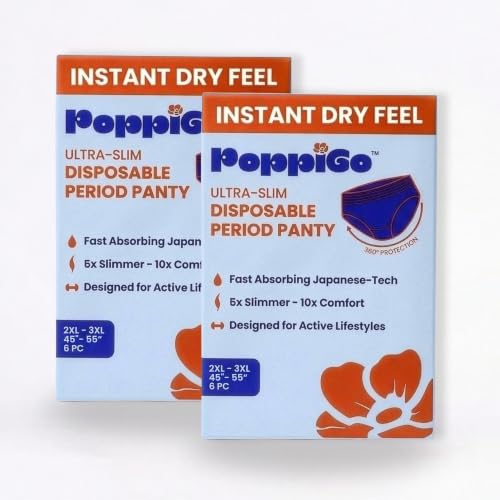 Image of Poppigo Ultra-Slim Disposable Period Panty for Women & Girls | (2XL-3XL) |12 Pcs (6Pc x 2Packs) | 45 inch -55 inch Inches | Slim Like Underwear | Leak-Proof | Soft Breathable | Comfort for Travel, Sleep & Active days.