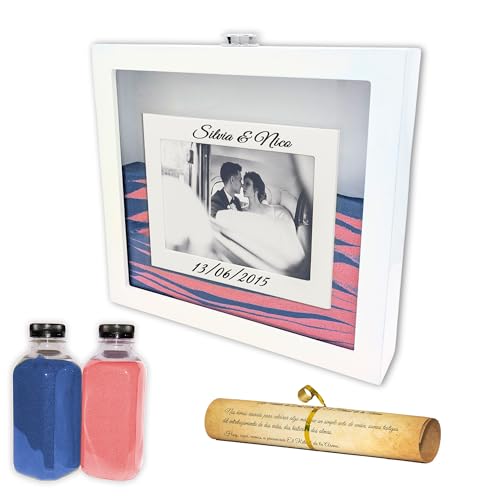Cadre cérémonie sable en bois laqué avec sable décoratif rose et bleu, pour rituel Arena mariage Kit, avec cadre photo format 10x15, 2 pots de 800g NIRALIS