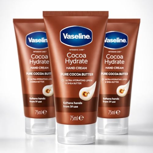 3 x 75ML Vaseline Intensive Care COCOA Hydrate Hand Cream Moisturiser for Dry Hands With Cocoa Butter Shea Butter & Vaseline Jelly Fast Absorbing Non-Greasy Hand Cream
