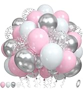 Pink and Silver Balloons, Pastel Pink White Balloons Metallic Silver Balloons White Pink Party Ba...