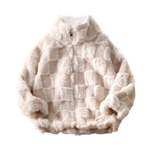 Kids Fleece Jackets Girls Cute Plaid Sherpa Coats For Girls Zip Up Stand Collar Mock Neck Furry Jackets Plain Cozy Chamarras Para Niñas Winter Fashion Outerwear 3-13 Years Beige 130