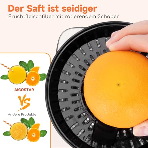Foto von Aigostar Saftpresse Elektrisch 2 Kegel, Orangenpresse 40 Watt, Zitruspresse 0.7 Liter, 2 Drehrichtungen, Hohe Saftausbeute, Tropfsicherer Auslauf, BPA-frei