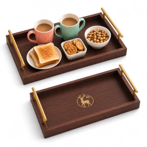 Image of Curated Cart Wooden Serving Tray with Handles - Pack of 2 - Eco-Friendly Rustic Tray for Serving Snacks, Coffee Table, Breakfast, Food, Small & Medium Size (Tray - Rectangle - 2P - Dark Brown)