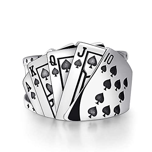 Juegos de póquer Anillo de casino Acero inoxidable Diamond Spade Flush Playing Cards Anillo de banda de declaración Vintage Gambling Punk Jewelry Ajustable para Mujeres Hombres (Diamante) (Pala) Cover