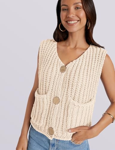 Image of UEU Womens Chunky Sweater Vest Button Down Sleeveless Cardigan V Neck Crop Crochet Knit Tops 2025 Fashion Trendy Clothes
