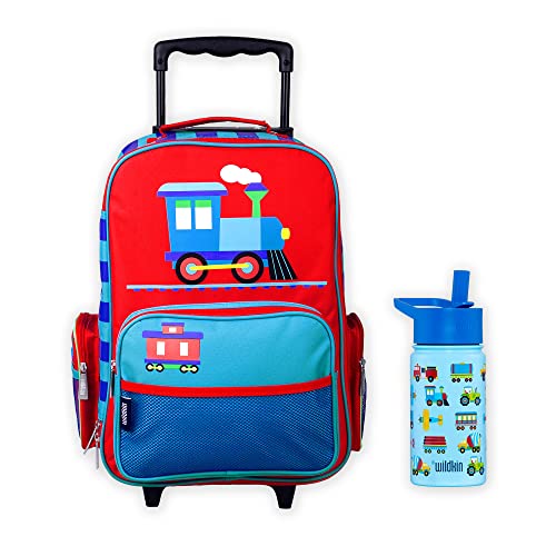 Wildkin Rolling Suitcase Bundle With 14 Ounce Steel Reusable Water Bottle (Trains, Planes & Trucks) #TOP9
